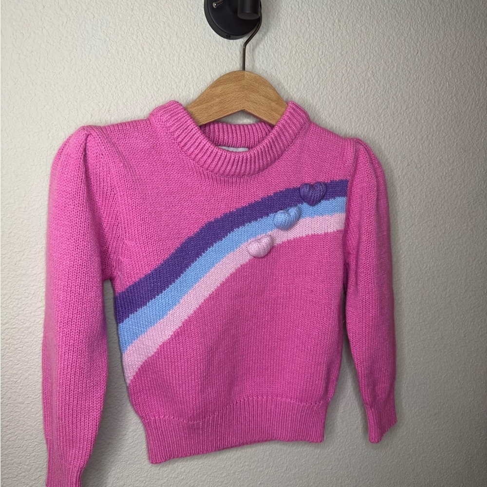 Vintage Pink Rainbow Heart Knit Sweater Girls M - fits like 3t /4t